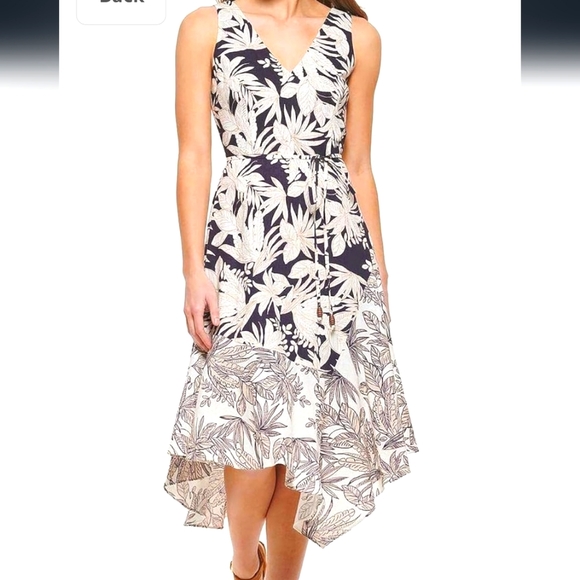 HP!! Vince Camuto Printed Linen Mix V-Neck  Midi Dress - Picture 1 of 9